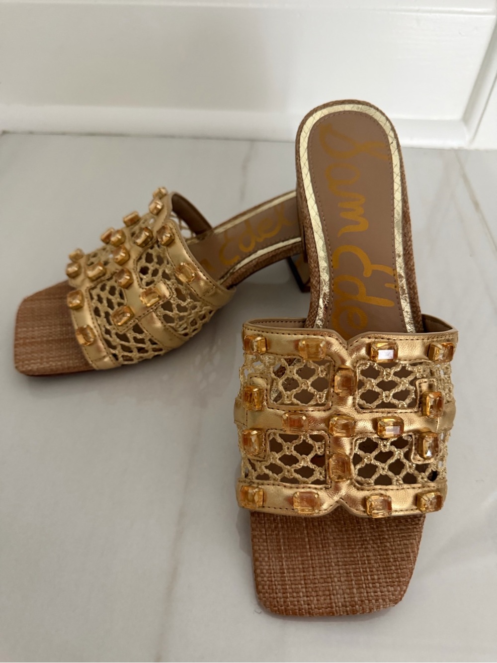 Sam Edelman Webster Mesh Gold Embellished Slide Heels